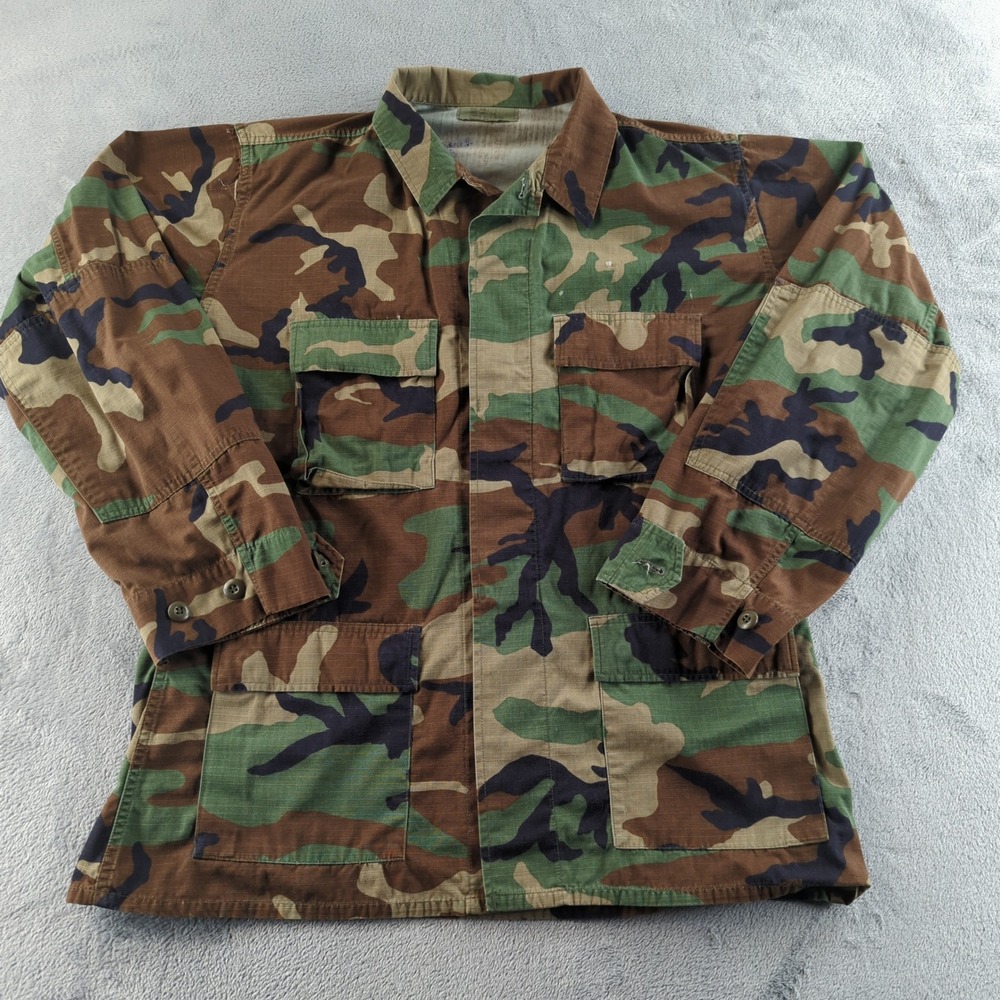 Vintage 90s US Military Jacket Mens Large Long Woodland Camo BDU Combat Field